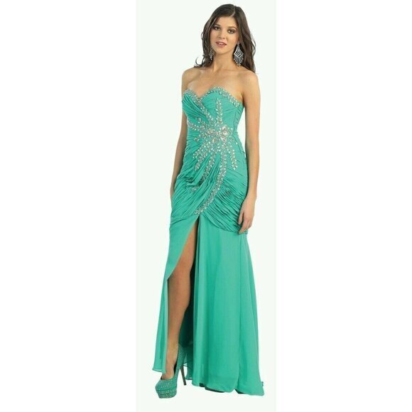 Mayqueen Strapless Sage Green Chiffon Gown with Slit & Rhinestones Size 4‎ - Picture 1 of 9